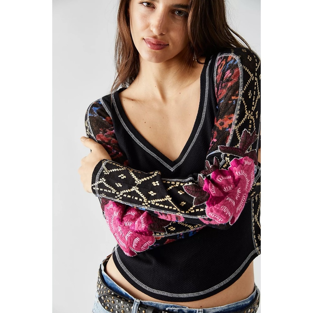 Free People Black and Pink Embroidered Top